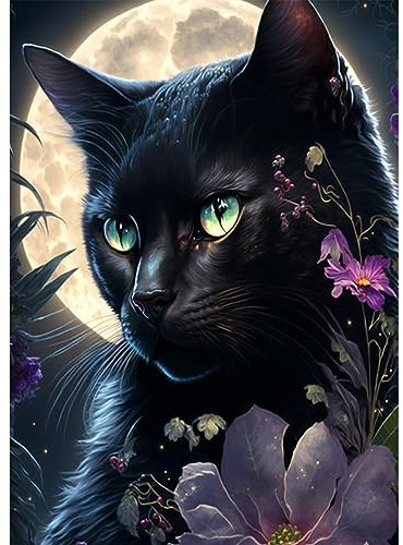 AIRDEA DIY Katze Diamond Painting Set Erwachsene Kinder, Blumen Diamant Painting Bilder 5D Tier Schwarze Katze Diamant Kunst Mondnacht Diamant Malerei Set Cross Stickerei Malerei Kits 30x40 cm