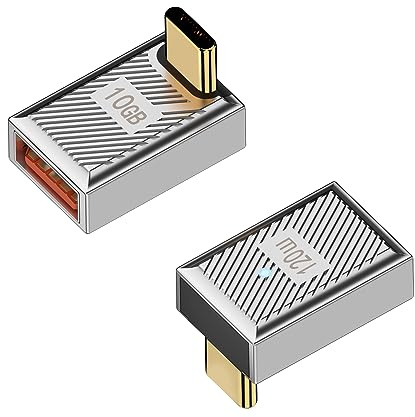 QIANRENON - Adaptador USB C a USB 3.1 OTG 120W en ángulo recto 90° 10Gbps USB C macho a USB 3.1 hembra de ángulo recto aleación Zn/LED, para teléfono, tableta Steam Deck, 2 piezas (curvatura
