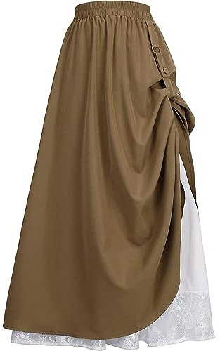 CAMDOM Jupe Renaissance médiévale à Taille élastique pour Femme - Jupe trapèze Double Couche en Dentelle - Longue Robe Victorienne, Marron, XL