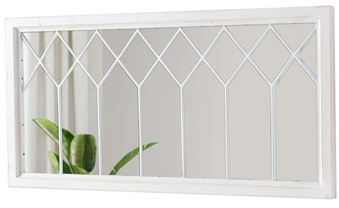 Sintosin Espejos rectangulares de ventana para decoración de pared, 20 x 40 pulgadas, espejo de ventana de madera blanco envejecido para sala de estar, espejos largos horizontales rústicos para