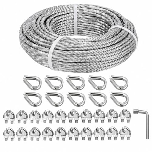hannger 30m 5mm Wire Rope Kit, Galvanized Steel Wire Rope Cable with 20pcs M5 Clamps & 10pcs Thimbles, 7x7 Strands Steel Cable for Garden, Outdoor String Lights Hanging, Fencing,Garage Door Cable