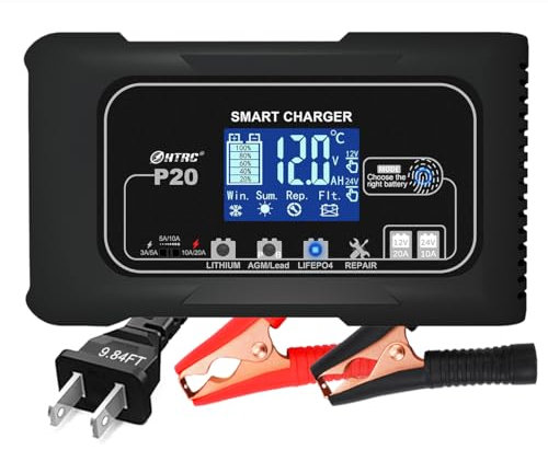 iSunergy Chargeur de batterie au lithium LiFePO4 pour voiture 20 A 12 V/20 A et 24 V/10 A au plomb (AGM/Gel/SLA), chargeur de batterie portable à cycle profond pour voiture, bateau, tondeuse