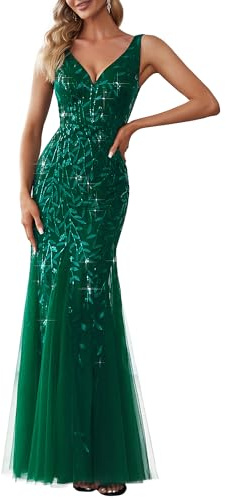 Ever-Pretty Abito da Sposa Madre Paillettes Tulle Scollo A V Stile Impero Ospiti di Nozze Senza Maniche Verde Scuro 46