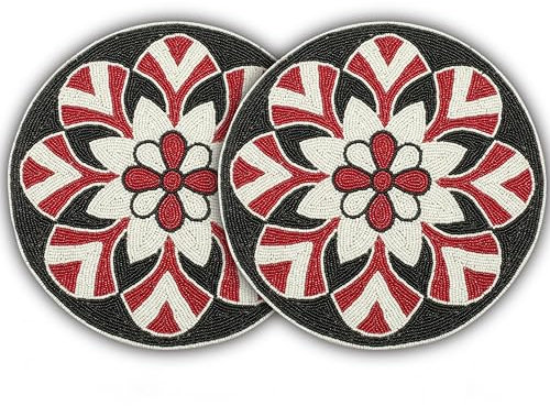 Handgefertigtes Tischset mit Perlen, 33 cm, rund, 2 Stück, schönes dekoratives Esstisch-Platzset für Ihren Esstisch, Ostern, Hochzeit, Erntedankfest und den täglichen Gebrauch – Rot, Weiß, Schwarz