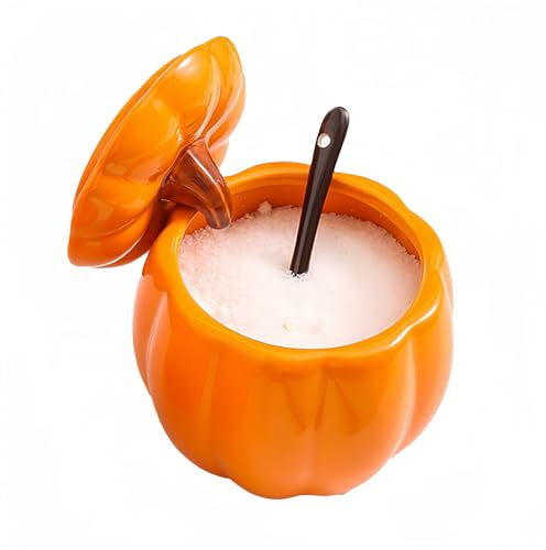 Dowbom Azucarero de cerámica de calabaza con tapa, azucarero sólido con cuchara, tarro de especias de porcelana, decoración de cocina (naranja, 14 onzas), DB-TG-020