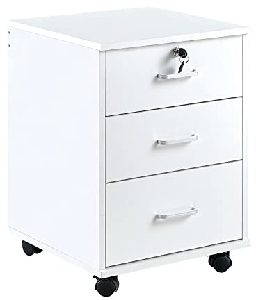 CLIPOP Rollcontainer Abschließbare mit 3 Schubladen,Weiß Holz | Mobiler Aktenschrank Büroschrank mit Rollen,Unter Schreibtisch Schrank für A4 Papier und Aktenordner