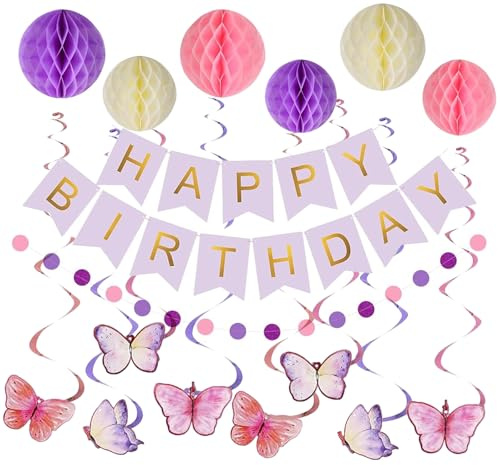 Geburtstagsdeko, Lila Geburtstag Party Dekoration mit Happy Birthday Banner, Wabenball, Schmetterlinge Hängende Wirbel, Kreis Punkt, Birthday Decorations Geburtstags Deko für Frauen Mädchen