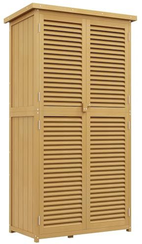 Outsunny Casetta Attrezzi Giardino in Legno di Abete e Pino con 4 Scompartimenti, Armadio da Esterno Porta Attrezzi da Giardino con Tetto Impermeabile, 87x46.5x160cm, Giallo