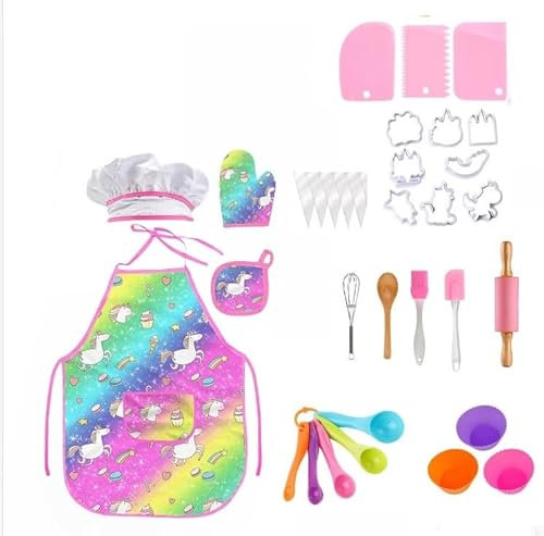 BUOAZR Chef-Set Koch und Backset für Kinder, 38 Stück Einhornmuster Schürzen, Kochmützen, Kinderkoch Rollenspielkostüme, Küchenchefspielzeugr für Kinder Mädchen Jungen 3-8 Jahre