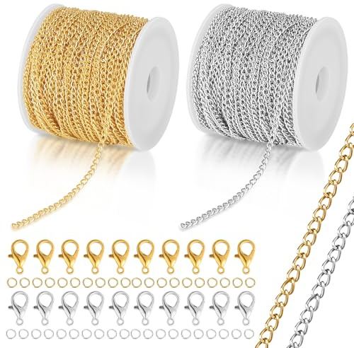GOTDYBST 2 stycken 10 m länkkedja metervara, länkkedja innehåller 20 karbinhake, kedjor hantverk, bleknar inte lätt, kedja för smycken, gör-det-själv (guld och silver) (2 x 3 mm)