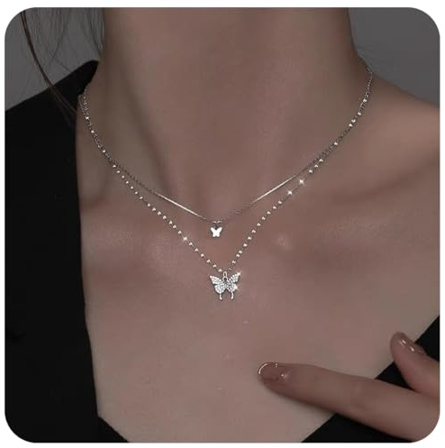 EAVUYIS Bohème Schmetterling Anhänger Halskette Choker Silber Kristall Choker Geschichtet Spitze, Insekt Kette Schmuck Für Frauen Und Mädchen