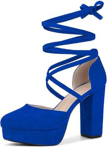 Allegra K Women's Lace Up Platform Strappy Chunky Heels Pumps Royal Blue 5 UK/Label Size 7 US