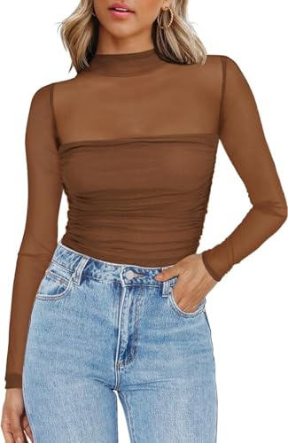 Zeagoo Women's Mesh Tops Long Sleeve See Through Blouse Sexy Slim Fit Shirt | Elegant Ruched Blouse for Party, Festival and Clubwear XS-XXL