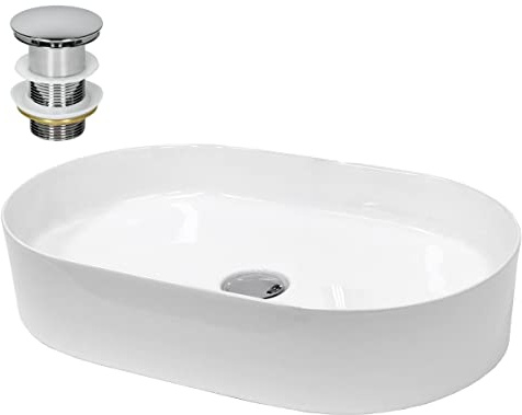 LuxeBath Waschbecken Keramik 605x380x125 mm oval Weiß mit Ablaufgarnitur Silber, Aufsatzwaschbecken für Badezimmer/Gäste-WC, Modernes Aufsatzbecken, Waschtisch Waschschale Waschplatz Handwaschbecken