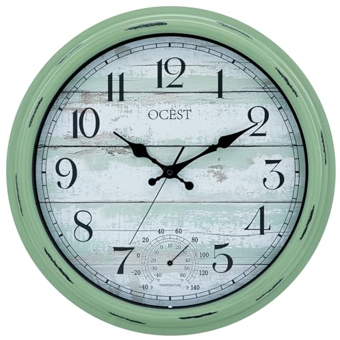 OCEST 16 Inch Indoor Outdoor Clock, Waterproof Large Wall Clock with Thermometer, Silent Non-Ticking Battery Operated Decor for Patio Pool Porch Garden Garage（Retro Green）