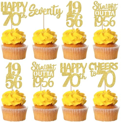 Xsstarmi 30 Pack Happy 70th Birthday Cupcake Toppers Gold Glitter Seventy Straight Outta 1956 Cupcake Picks for Cheers to 70 Years 70th Birthday Anniversary Party Cake Decorations