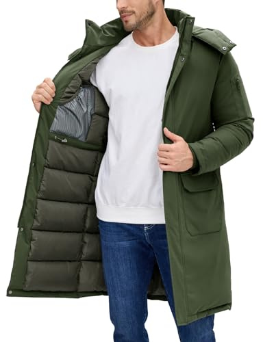 TOMEEK Giacca Invernale Uomo Cappotto Termici Giubbino Lungo Inverno Spesso Parka Cappotti Antivento Giubbotto con Cappuccio Casual con Cerniera e Tasche Trapuntata(Verde militare,XL)