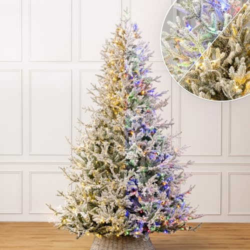 Christow Pre-Lit Flocked Verbier Fir Christmas Tree, 8ft | Dual-Colour LED Lights, Warm White to Multi-Colour, 11 Light Modes – Colour Changing, PE & PVC Tips, Mains Powered with Timer