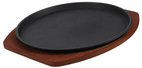 DECORNIJIA Plato De Hierro Fundido Para Asar Carne y Pescado Con Base De Madera Redonda Para Uso Doméstico y Restaurantes Resistente y Fácil De Transportar