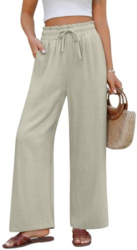 UMIPUBO Pantalones Mujer de Lino Verano Algodón Anchos Comodo Pantalón Cintura Alta Elástico Casual Fluido Largos Ligeros Palazzo Pantalon Pants de Playa con Bolsillos Cordón