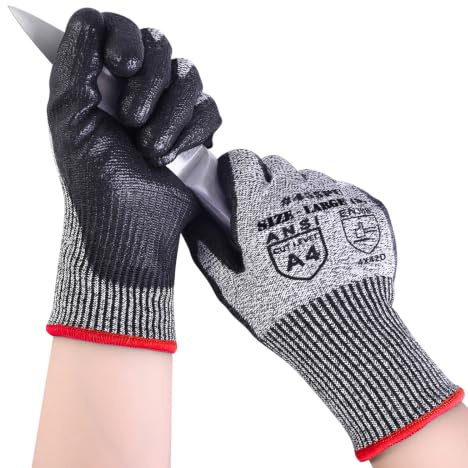 AovYoo Cut Resistant Safety Work Gloves ANSI A4 Touchscreen PU Grip Size L | EN388 4X42D Protection, Non-Slip Palm, 13-Gauge Knit, Elastic Cuffs, Precision Assembly, Construction, Workshop, Gardening