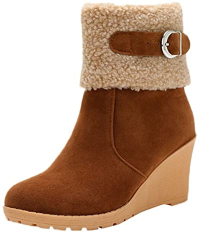 Bottines compensées pour femme - Tendance et polyvalente - Avec boucles et fermeture éclair latérale - Confortables et chaudes - Automne et hiver - Bottes décontractées à talon haut, marron, 39.5 EU