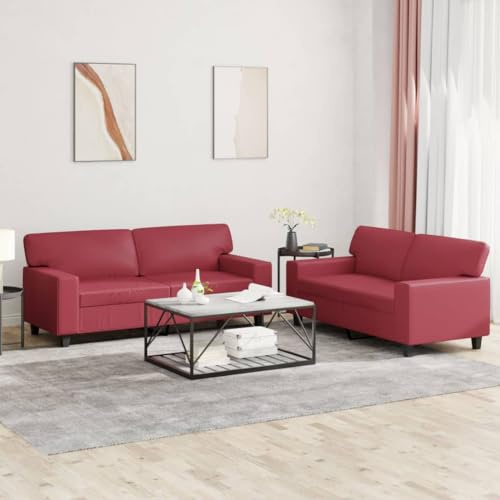 GeenYuu 2-TLG. Weinrotes Kunstleder Sofa Set, 154/174cm Breite, Robustes Wohnzimmer Couchgarnitur mit Kissen für Komfort, Pflegeleicht