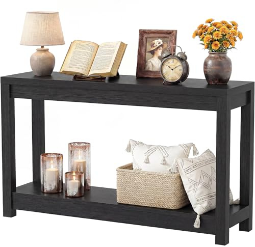 iSunirm Mesa Consola Negra de 120 cm, Mueble Recibidor Extra Largo y Estrecho, Mesa Entrada Moderna de 2 Niveles para Pasillo, Consola de Madera para Detrás del Sofá, Estilo Minimalista y Robusto