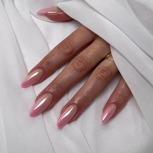 Chrome Press on Nails Almond - 24 Pieces Ombre Pink Fake Nails - Medium False Nails with Glue - Gradient Pink Stiletto Nails Press Ons - Elegant Full Cover Glossy Stick on Nails for Women Daily Wear