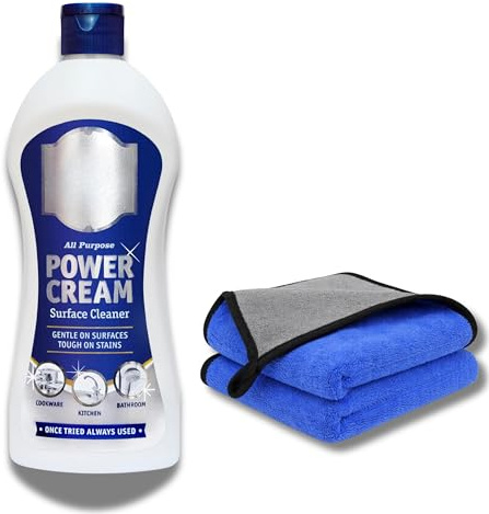 Bar Keepers Power Cream 2 Product Cleaning Bundle Bundled With 2 Microfibre Towels For Kitchen And Bathroom Use, Bar Keepers Friend Cream Cleaner Polish With Lint Free Cloth For Quartz Worktop Cleaner