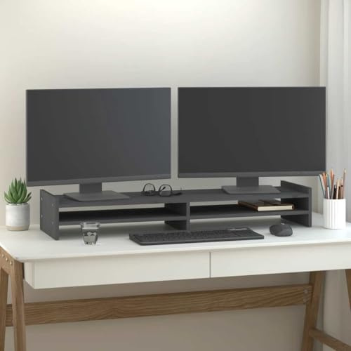 Zentexion monitorstativ grå av massiv furu 100 x 27 x 15 cm stabil träram justerbar höjd ergonomiskt skrivbordsfäste för kontor, hemmakontor och spelbord
