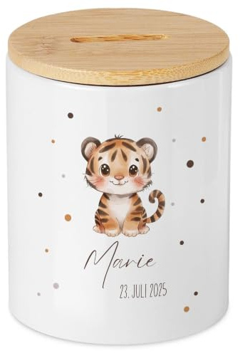 Personalisierte Spardose Tiger Baby mit Wunschname, individuelles Geldgeschenk Wunscherfüller für Mädchen, Jungen, Taufe, Geburt, Kindergeburtstag