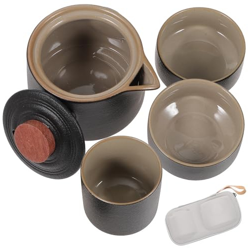 POPETPOP Coffret Théière et Tasse à Thé en Céramique Noire Portable, Robuste et Élégante avec Paquet de Rangement, Voyage Restaurants Couleur Aléatoire