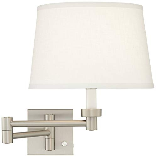 Possini Euro Design Modern Indoor Swing Arm Wall Lamp Brushed Nickel Plug-in Light Fixture Dimmable White Linen Tapered Drum Shade for Bedroom Bedside House Reading Living Room Home Hallway Dining
