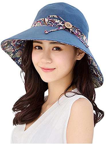 KXF Women Sun Hat UPF50+ Summer Foldable Beach Reversible Hat Outdoor Wide Brim Cap Blue