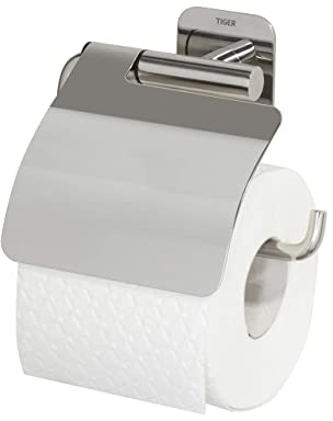 Tiger Colar Toilettenpapierhalter mit Deckel zum Kleben, Edelstahl poliert, mit integrierter Klebefolie zur Montage ohne Bohren, 1314130346, 13.3 x 14.6 x 3.5 cm