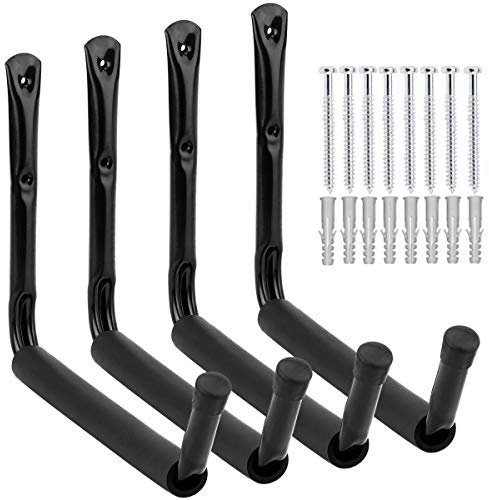 Robuster, riesiger Garagen-Aufbewahrungshaken zur Wandmontage, zum Aufhängen für Surfbrett, Leiter, Kajak (schwarz, 4 Stück 25,4 cm Haken mit EVA-Schutz)
