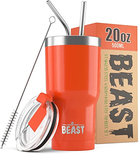 Beast Tumbler – 550 ml (20 oz), Orange | Gobelet isotherme en acier inoxydable réutilisable | Avec 2 pailles et brosse de nettoyage | Double paroi, idéal pour café chaud ou glacé | Sans BPA
