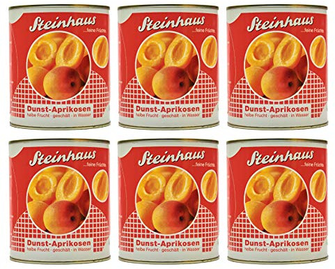 Food-United Dunst-Obst APRIKOSEN-HÄLFTEN 6x Füllmenge 800g ATG 480g eingelegte Obst-Konserve-Dose für Aprikosen-Konfitüre-Marmelade-Joghurt-Torten-Kuchen nur 3 natürliche Zutaten