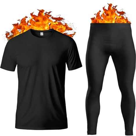 Thread Linens Men's Thermal Underwear Set Base Layer - Short Sleeve T-Shirt/Vest/Top and Long Johns For Men Ultra Soft Warm Underwear Man Body Warmer Size S-XXL (Black, XL)