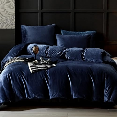 Lanqinglv Ropa de cama de 135 x 200 cm, color azul oscuro, franela de felpa, reversible, cálida manta de forro polar, funda nórdica suave con cremallera y 1 funda de almohada de 80 x 80 cm