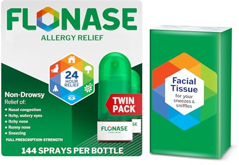 Flonase Allergy Relief Nasal Spray, 24-Hour Non-Drowsy Multi-Symptom Relief � 144 Sprays (Pack of 2) plus Bonus Pack of Tissues