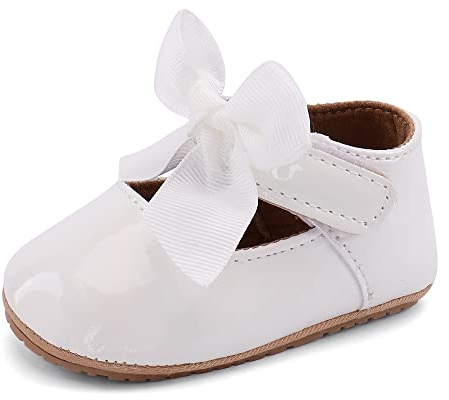 LACOFIA Baby Girls First Walking Shoes Infant Anti-Slip Bowknot Mary Jane Party Crib Shoes Prewalkers White 6-12 Months