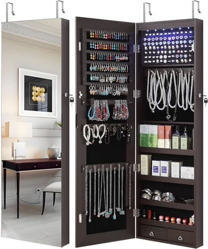 GISSAR Full Length Mirror Jewelry Cabinet, 6 LEDs Jewelry Armoire Wall Mounted Over The Door Hanging, Jewelry Organizer Storage with Lights Lockable, Brown, 14.6 x 47.2