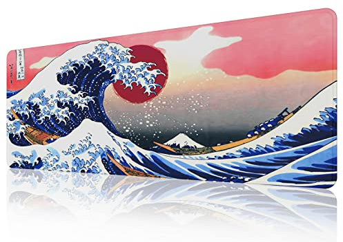EFISH Japan konst Kanagawa surfmusmatta XL (800 × 300 × 3 mm) – Utökad skrivbordsmatta med sydda kanter, halkfri gummibas, tangentbordsmatta