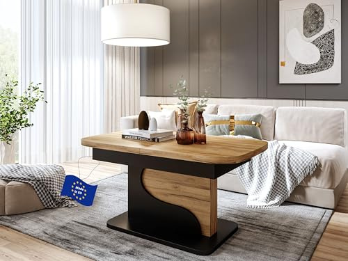 designimpex DA-111 Couchtisch Eiche Gold/Schwarz matt ausziehbar höhenverstellbar abgerundete Ecken 120/200 cm modern Wohnzimmertisch Esstisch Sofatisch platzsparend Wohnzimmer