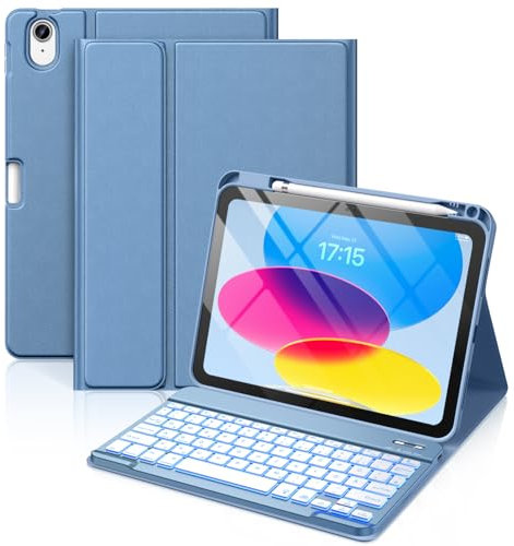 Vobafe Keyboard Case for iPad A16 11th Generation 2025/10th Generation 2022(11/10.9 inch), 7 Colors Backlit Detachable Folio Keyboard Cover with Pencil Holder for iPad 11/10 Gen, UK Layout, Blue