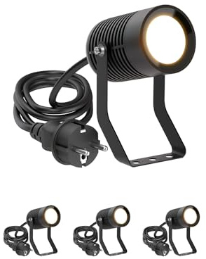 ledscom.de 4 faretti da giardino SHINGA per esterni, IP65, con spina, neri, con lampadina LED GU10 da 630 lm, bianco caldo