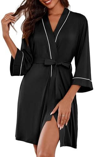 Ekouaer Robe de Chambre Femme Courte Manches 3/4 Ultra Doux Léger Peignoir de Bain Femme Ete Grande Taille Kimono, Noir, XXL