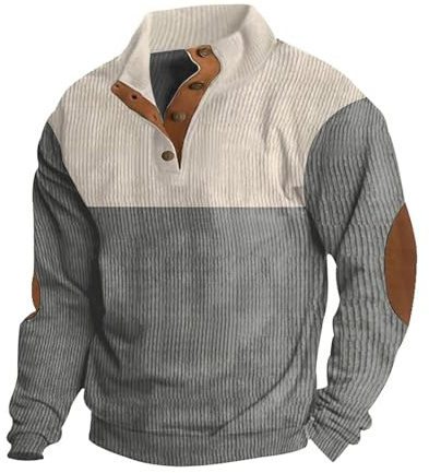 Ryehack Sweatshirt herr manchestertröja långärmad casual henley-t-shirt tröja lätt med knappslå S–3XL, GRÅ, 3XL